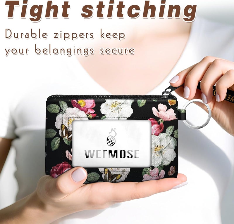 WEFMOSE Small Wallet Keychain with Clear ID Window Zipper Cute ID Case Coin Purse for Women Water Resistant Coin Pouch-Black Floral Keychain Wallet - Image 4